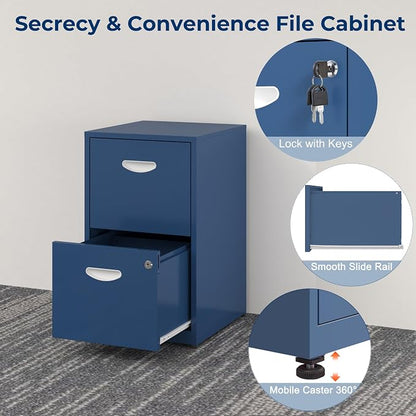 UNICOLY 2 Drawer File Cabinet with Lock, Metal File Cabinet for Home Office, Under Desk Storage, Printer Stand, for Letters and File Boxes, Assembly Required, Blue