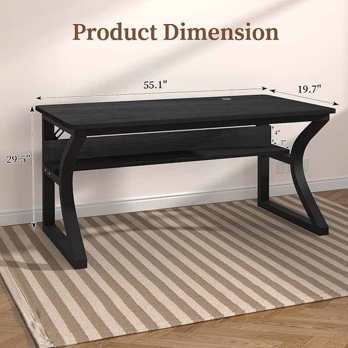 AZN Computer Desk, 55 X 20 inch Computer Desk, Office Desk w/Storage, Large Legroom, Sturdy Metal Frame, Home Office Desks for Gaming Study Writing Work, Waterproof, Scratch-Resistant, Black
