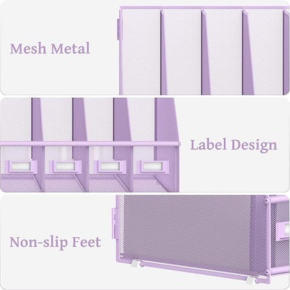 SUPEASY Desk Organizers Metal Desk Magazine File Holder with 5 Vertical Compartments Rack File Organizer for Office Desktop, Classroom, Home Workspace, Purple
