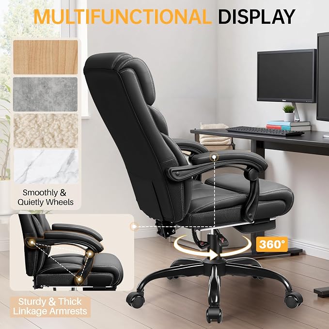 HeroSet Office Chair, Executive Big and Tall Leather Desk Chairs with Footrest, Ergonomic Breathable Computer Chair with Adjustable High Back, Lumbar Support Swivel PC Chairs