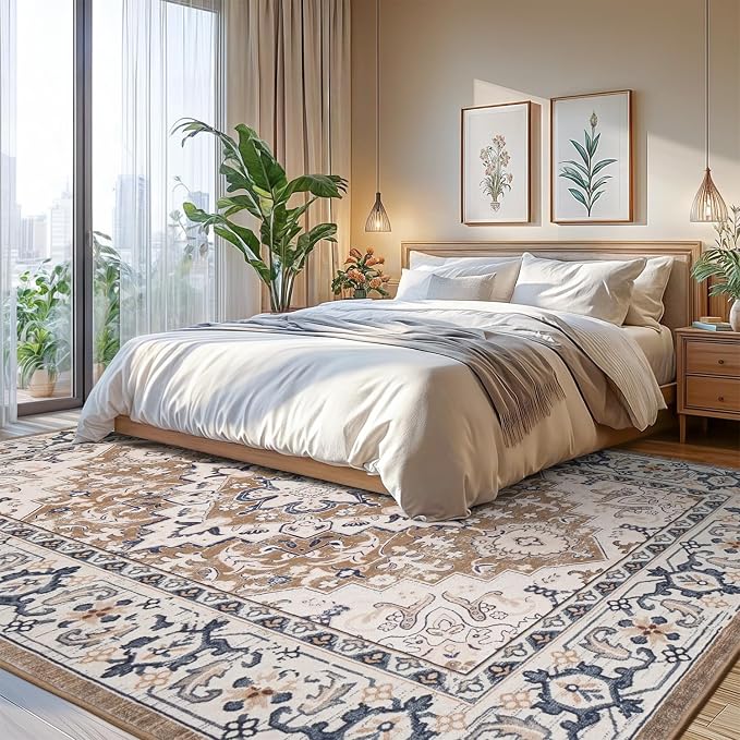 Lofus 6x9 Area Rugs for Living Room, Washable Area Rug, Rugs for Bedroom, Kitchen, Vintage Boho Carpet, Soft Non-Slip, Low Pile Large Area Rug for Office Dining Room, Floral Brown