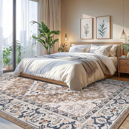 Lofus 7x10 Area Rugs for Living Room, Washable Area Rug, Rugs for Bedroom, Kitchen, Vintage Boho Carpet, Soft Non-Slip, Low Pile Large Area Rug for Office Dining Room, Floral Brown