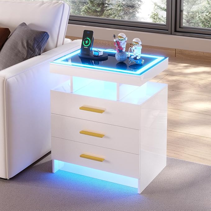 HNEBC Night Stand Set 2 with LED Lights, High Gloss Nightstand with 3 Drawers,Wireless&USB&Type-C Charging Station,Smart Side Tables with Tempered Glass Top for Bedroom,Living Room,Office-White