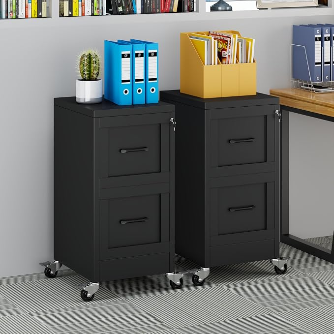 Small Metal 2-Drawer File Cabinet, Under Desk Office Cabinet, Black | Rolling, Locking, Adjustable Hanging Rail, Fit A4, FC, Letter, Hanging File Folders for Home Office Storage Organization, 2PS