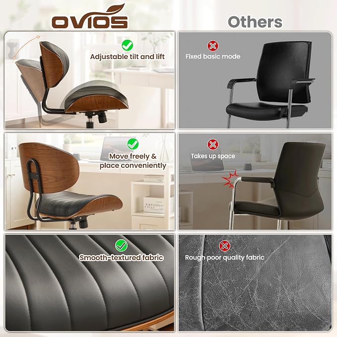 ovios Home Office Chair with Wheels, Modern PU Leather Swivel Computer Desk Chair, Mid Back Adjustable Height Armless Walnut Chairs for Office (Black Stripes)
