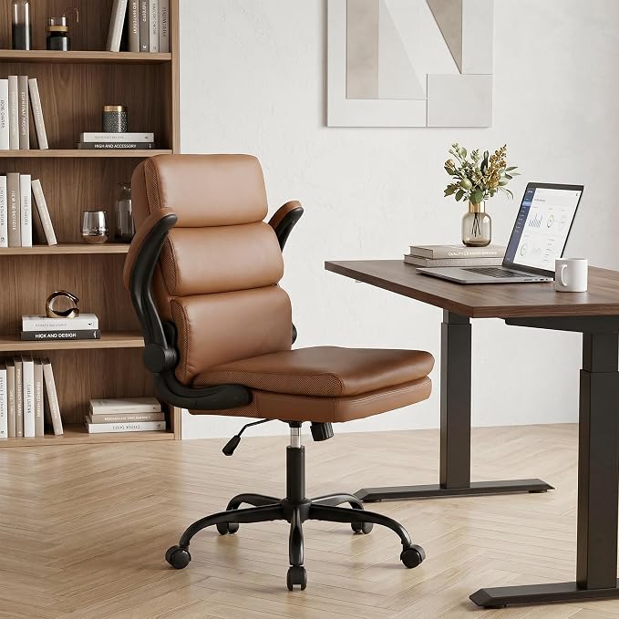 Mid Back Office Desk Chair,Leather Conference Room Chairs,Ergonomic Home Computer Chair,Modern Executive Chair with Padded Flip-up Armrest and Swivel Wheels (Brown)