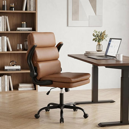 Mid Back Office Desk Chair,Leather Conference Room Chairs,Ergonomic Home Computer Chair,Modern Executive Chair with Padded Flip-up Armrest and Swivel Wheels (Brown)