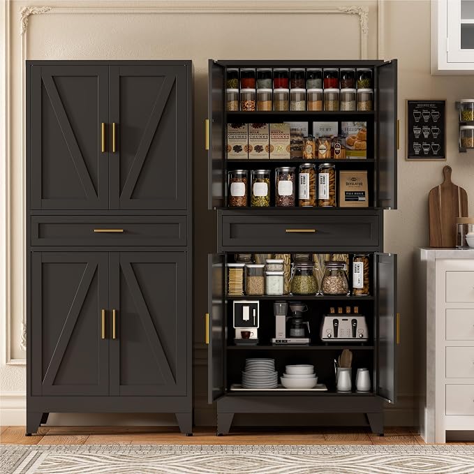 Baborokic 71" Tall Metal Storage Cabinet with Drawer and Adjustable Shelves,Farmhouse Kitchen Pantry Storage Cabinet with Doors,Large Wide Cabinets for Craft Room,Office,Dining Room,Kitchen(Black)