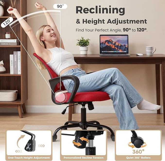 OLIXIS Office Desk Chair - Ergonomic Mid Back with Lumbar Support & Rocking Mode, Height Adjustable with Fixed Armrest, for Home, Computer, Gaming, Conference, Meeting Room, 360° Swivel, Red, 2 Pack