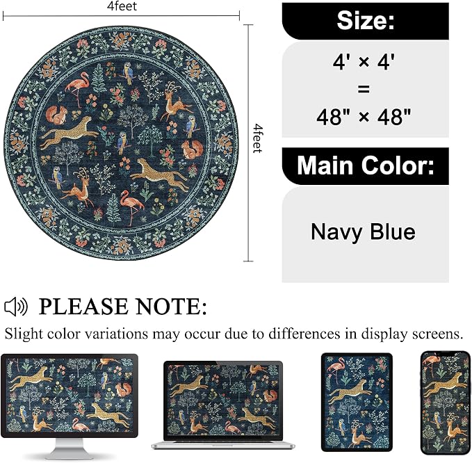 DUKINO 4ft Round Rug, Washable Round Area Rug, Non Slip Indoor Low Pile Animal Design, Soft Small Vintage Circle Carpet for Bedroom, Entryway, Living Room, Dining Room, Navy Blue