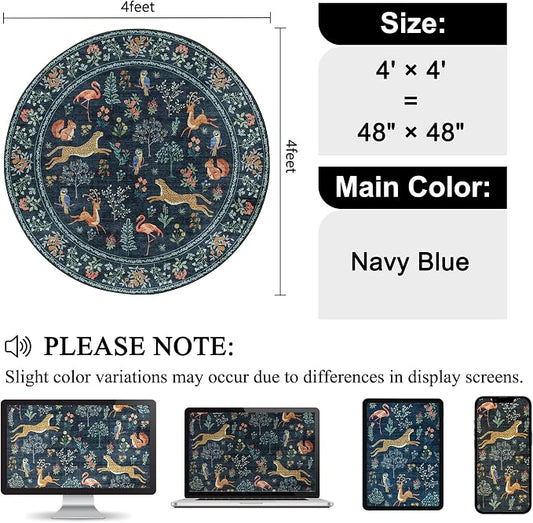 DUKINO 4ft Round Rug, Washable Round Area Rug, Non Slip Indoor Low Pile Animal Design, Soft Small Vintage Circle Carpet for Bedroom, Entryway, Living Room, Dining Room, Navy Blue