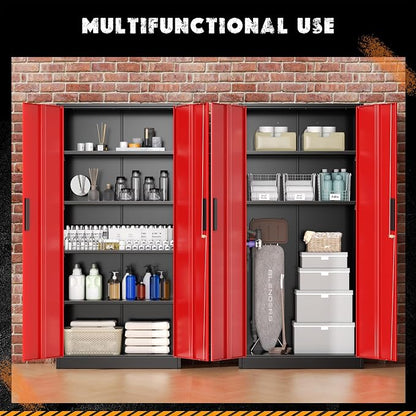 Greenvelly Metal Garage Storage Cabinet with Lock, 72" Metal Storage Cabinet with 2Doors and 4Adjustable Shelves, Steel Tool Cabinet for Home Office, School,Gym (Black&Red)