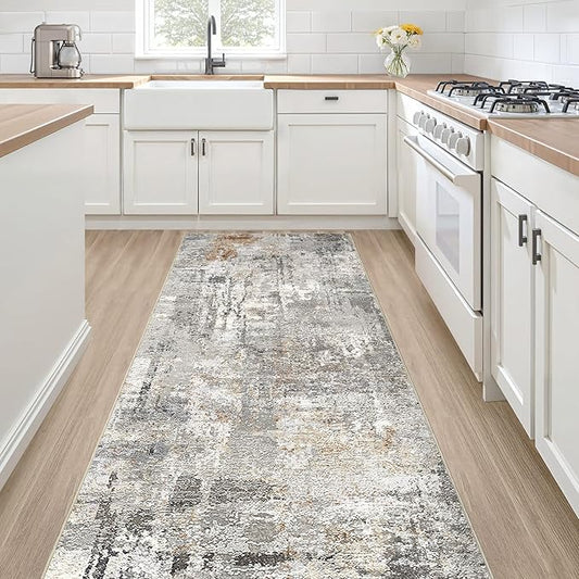 Runner Rug Kitchen Washable Rugs: 2x6 Non-Slip Abstract Soft Modern Stain Resistant Indoor Floor Neutral Accent Throw Carpet for Hallway Bathroom Laundry Room Entryway Bedroom- Gray Rust