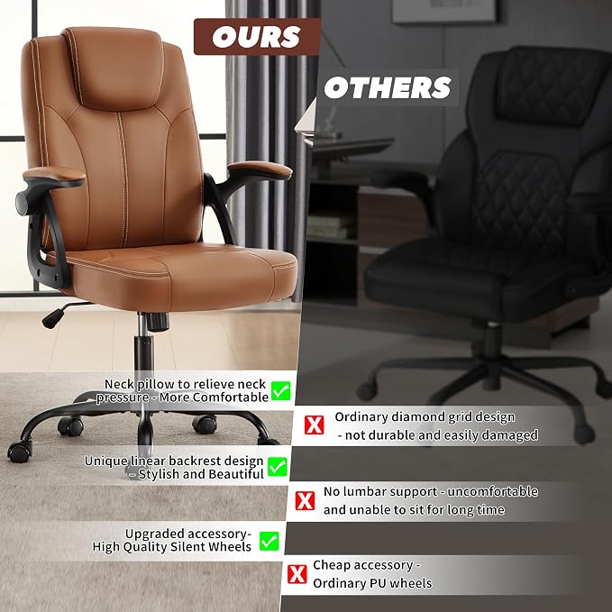 Executive Office Chair, Ergonomic PU Leather Computer Chairs, Executive Breathable Desk Chair with Padded Flip-Up Arms, 360° Swivel Rolling Chair Comfy Padded for Working Studying Gaming (Brown)