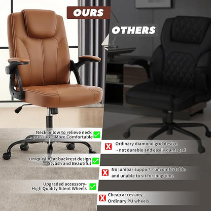 Executive Office Chair, Ergonomic PU Leather Computer Chairs, Executive Breathable Desk Chair with Padded Flip-Up Arms, 360° Swivel Rolling Chair Comfy Padded for Working Studying Gaming (Brown)