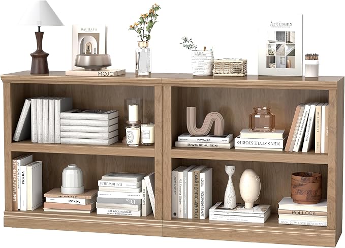 blini Bookshelf and Bookcase Set of 2, Wooden Oak Double Wide Large Bookshelves, 2 Tier Bookshelf with Storage Cabinets for Living Room, Home Office, Library (Oak, 2 - Shelf)