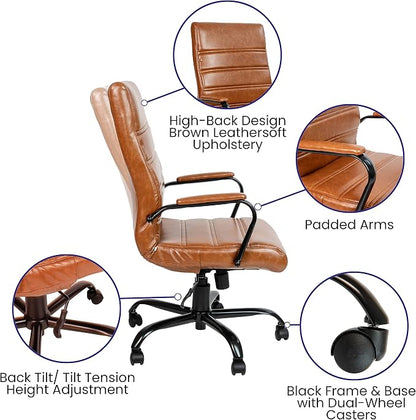 Merrick Lane Milano Contemporary High-Back Brown Faux Leather Home Office Chair with Padded Black Arms