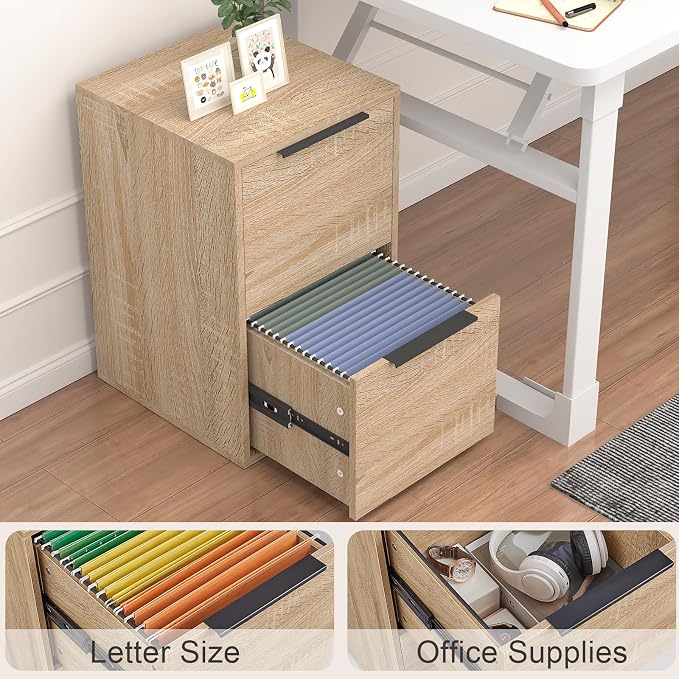 Wood File Cabinet 2 Drawer Filing Cabinets with Hanging Bars for Letter Size, Wooden Samll Vertical Filing Cabinet for Home Office, Oak