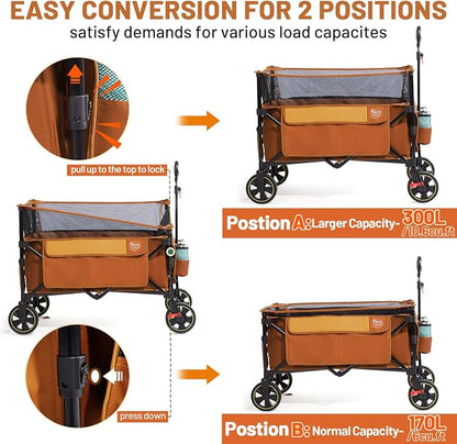 Timber Ridge Collapsible Folding Wagon 350L Extra Large with Brake, Heavy Duty Camping Utility Cart Outdoor, Extended Height Adjustable Handle, Cup Holders, Side Bag, Orange