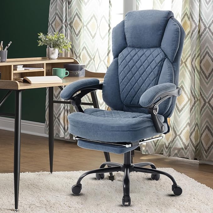 Fully Reclining Office Chair with Footrest, Mid Century Modern Faux Leather Blue Office Desk Chair with Foot Rest for Home Office
