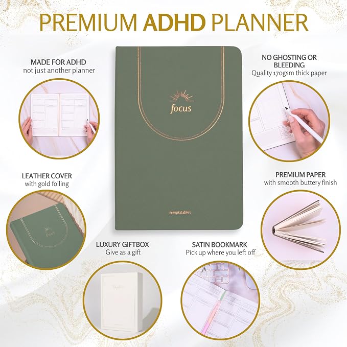 ADHD Daily Planner for Neurodivergent Adults – Premium Leather Productivity & Task Management Planner with Guided Focus Pages, 170gsm Paper, Gold Foiling & Gift Box – Undated | A5 (Sage Green)
