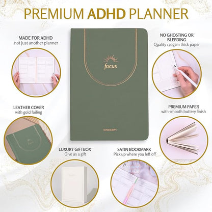 ADHD Daily Planner for Neurodivergent Adults – Premium Leather Productivity & Task Management Planner with Guided Focus Pages, 170gsm Paper, Gold Foiling & Gift Box – Undated | A5 (Sage Green)