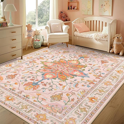RELEANY Area Rugs 3'x5' Washable Non-Slip, Floral Vintage Distress Medallion Carpet for Living Room Bedroom Dining Room, Light Pink Colorful