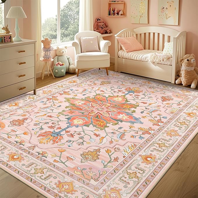 RELEANY Area Rugs 5'x8' Washable Non-Slip, Floral Vintage Distress Medallion Carpet for Living Room Bedroom Dining Room, Light Pink Colorful