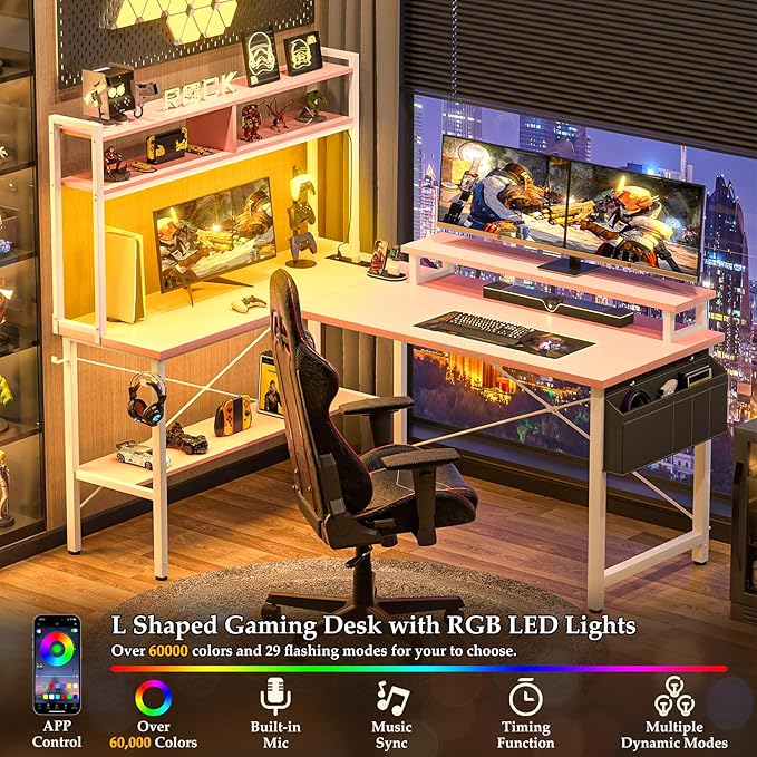 Aheaplus L Shaped Gaming Desk with Power Outlets & LED Lights, Small L- Shaped Desk Computer Corner Desk with Monitor Stand & Storage Shelf, Home Office Desk Writing Desk with Storage Bag, Pink