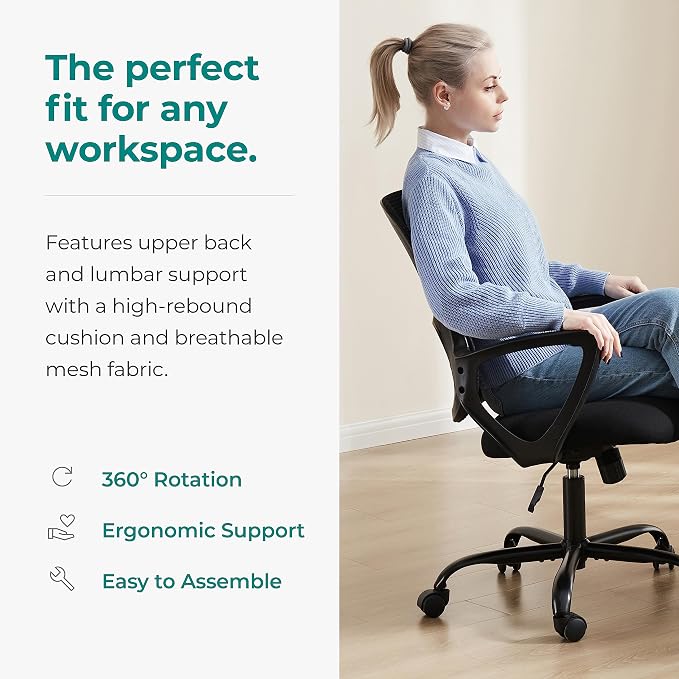 OLIXIS Home Office Chair, Mid Back Computer Ergonomic Mesh Desk with Large Seat, Executive Height Adjustable Swivel Task with Lumbar Support and Armrest, for Adults, Black