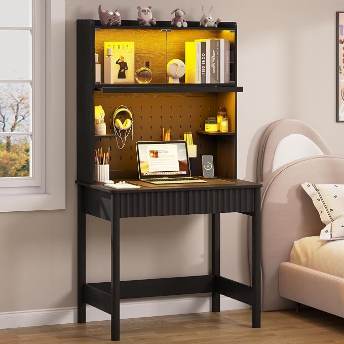 Lvifur 31.5" Small Study Desk with - Drawer & Hutch,Computer Desk with Charging Station,Compact Writing Desk with LED Reading Lights,Home Office Desks for Small Spaces,Bedroom Study Room,Black