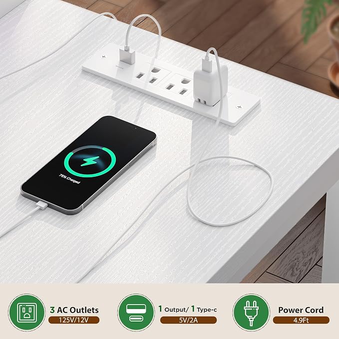 EnHomee 48" Reversible L-Shaped Computer Desk with 40-Mode RGB LED,3AC &1 Type-C Charging Station, 3 Drawers, 35.4''Monitor Riser, White Desk for Gaming, Home Office, Bedroom, Study Room,Vanity, White