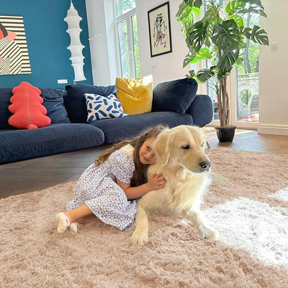 OLANLY 7x8 Machine Washable Large Area Rugs for Living Room, Bedroom, Soft Fluffy Shaggy Bedside Rug, Indoor Floor Carpet for Kids Girls and Boys, Dorms, Nursery, Home Decor Aesthetic, Beige