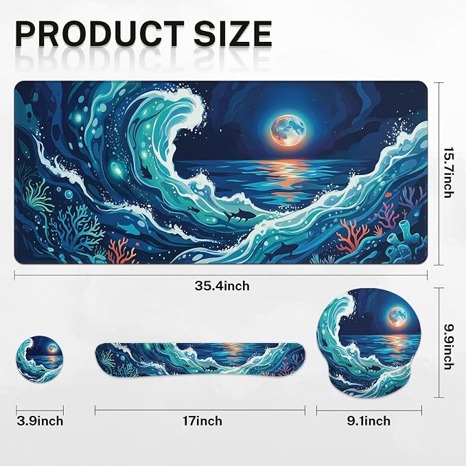 Britimes Moonlight Waves Keyboard Mouse Pad Set Blue Ocean Shark 4in1 Large Mousepad+Keyboard Wrist Rest+Mouse Wrist Rest+Coaster Ergonomic Design for Home Office Computer 35.4x15.7 inches