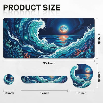 Britimes Moonlight Waves Keyboard Mouse Pad Set Blue Ocean Shark 4in1 Large Mousepad+Keyboard Wrist Rest+Mouse Wrist Rest+Coaster Ergonomic Design for Home Office Computer 35.4x15.7 inches