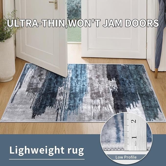Ciicool 8ft Round Washable Rug, Modern Abstract Circle Rugs, Non-Slip Thin Lightweight Rug Navy Grey Circular Print Distressed Carpet for Bedroom Living Room Under Dining Table Home Office Decor