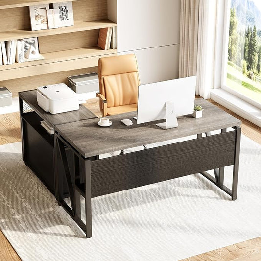 LITTLE TREE 55" Executive Computer Desk and Lateral File Cabinet, L-Shaped Office Desk for Home Office, Furniture Set, Grey