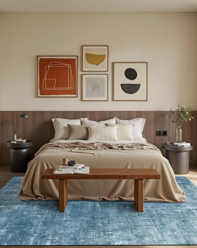Latte&Fog 5x7 Area Rugs for Living Room Bedroom, Blue Modern Abstract Neutral Washable Rug, Boho Non Slip Low Pile Carpet for Dining Room, Dorm, Classroom, College Dorm, Farmhouse and Kids Room - Blue