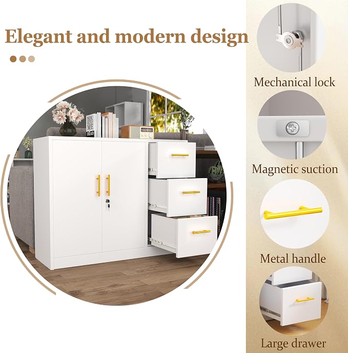 GAIOUS Metal Sideboard Buffet Cabinet, Storage Cabinets with 3 Drawers and Shelf, White Locking Steel File Storage Cabinet, Kitchen Cabinet Cupboard Pantry for Office Dining Living Room Kitchen Garage