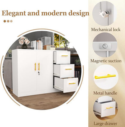 GAIOUS Metal Sideboard Buffet Cabinet, Storage Cabinets with 3 Drawers and Shelf, White Locking Steel File Storage Cabinet, Kitchen Cabinet Cupboard Pantry for Office Dining Living Room Kitchen Garage