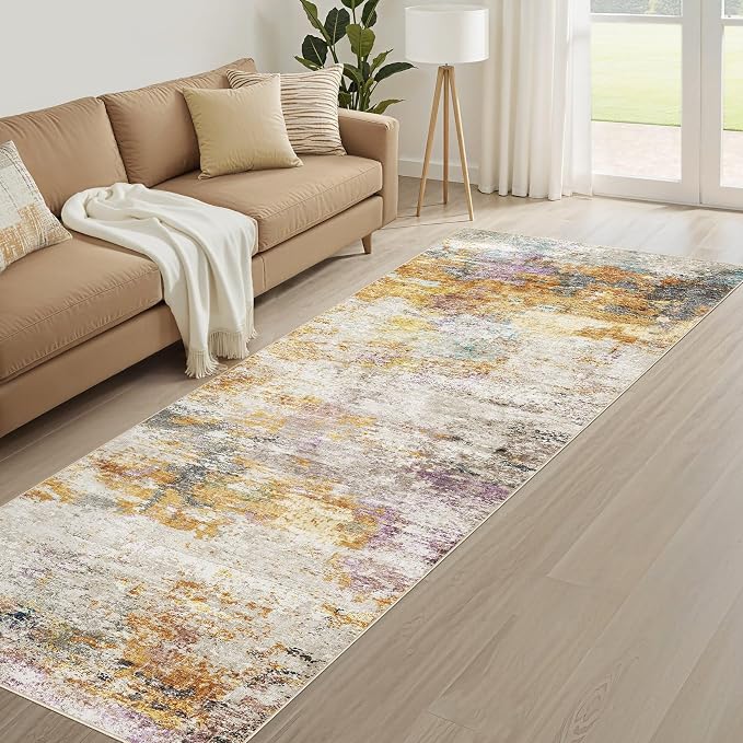 Runner Rug Kitchen Washable Rugs: 2x5 Non-Slip Abstract Soft Modern Stain Resistant Indoor Floor Neutral Accent Throw Carpet for Hallway Bathroom Laundry Room Entryway Bedroom- Gold Colorful
