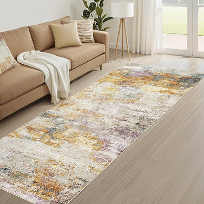 Runner Rug Kitchen Washable Rugs: 2x5 Non-Slip Abstract Soft Modern Stain Resistant Indoor Floor Neutral Accent Throw Carpet for Hallway Bathroom Laundry Room Entryway Bedroom- Gold Colorful