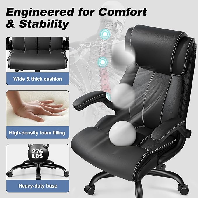 BESTFAIR Ergonomic Office Chair - Desk Computer Chair, Leather High Back Executive Chairs with Adjustable Lumbar Support & Flip Up Arms, Black 8 Pack
