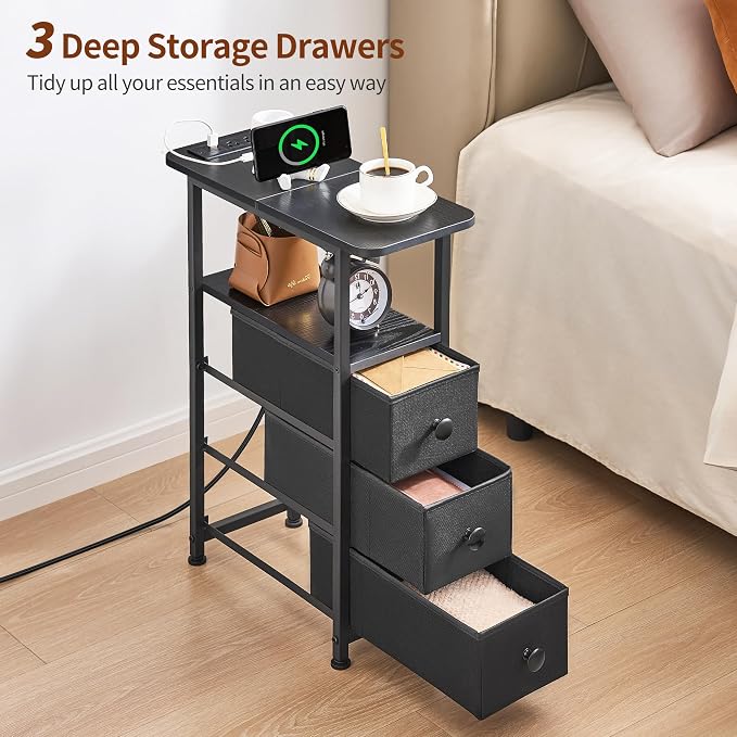 DALEMHOME Narrow End Table with Charging Station, Narrow Side Table with Drawer, Small Nightstand with LED Light, Skinny Nightstand, Small Bedside Table for Living Room, Bedroom, Couch, Black