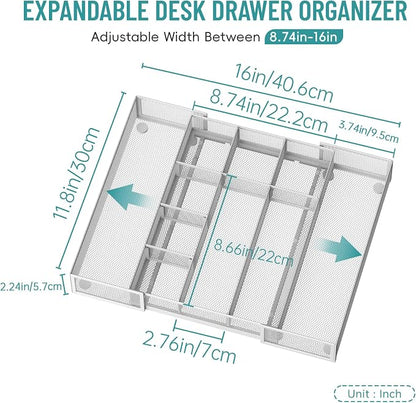 Expandable Desk Drawer Organizer Tray with 10 Adjustable Compartments, Metal Mesh Office Drawer Organizer, Versatile Desk Organizer for Home, School Supplies, Makeup Vanity & Jewelry (White)