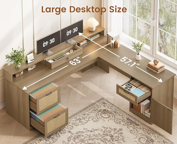 SEDETA 63" Rattan L Shaped Desk with Drawers, Farmhouse Corner Computer Desk, Wood Office Desk with File Drawers with Storage, Executive Desk with Monitor Stand and Storage Cabinet, Oak