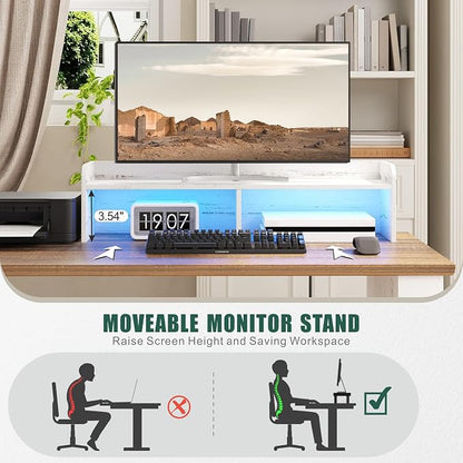 Lareth Executive L Shaped Desk with Monitor Stand, 59 inch Farmhouse Corner Computer Desk with Power Outlets & LED Lights, Home Office Desk with File Cabinet for Working Gaming Writing, White