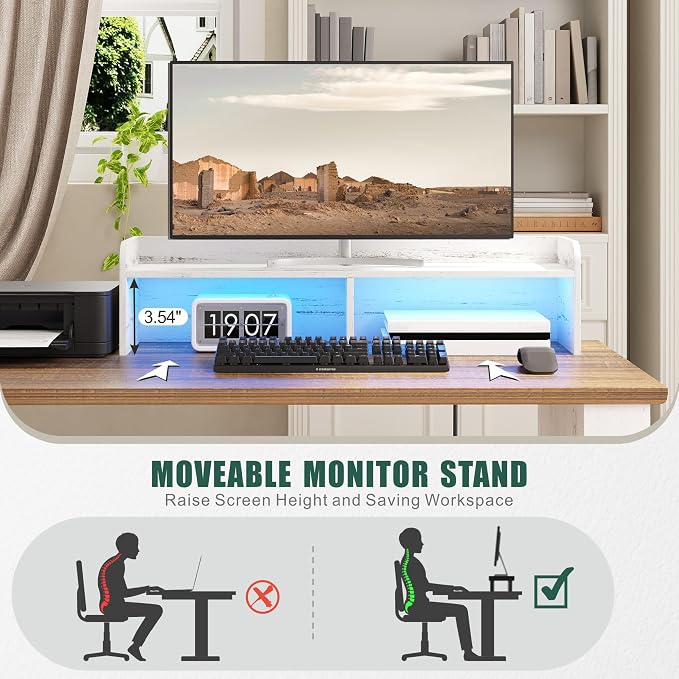 Lareth L Shaped Desk with Monitor Stand Farmhouse Computer Desk with Led Light and Power Outlet, Executive Desk for Home Office Room Workstation with File Cabinet for Working Gaming, Antique White