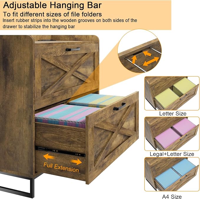 Halitaa File Cabinet 2 Drawers Lateral File Cabinet with Charging Station for Letter/Legal/A4 Size Hanging Files, Large Wood File Storage Cabinets Printer Stand for Home Office, Brown