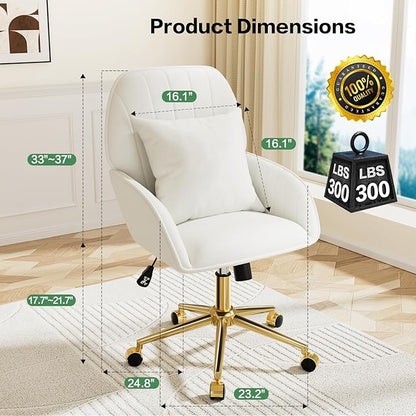 Home Office Desk Chair Comfy with Adjustable Swivel Wheels, Modern Velvet Makeup Vanity Chair with Back & Pillow, Ergonomic Office Chair Computer Task Chair for Living Room, Bedroom, White